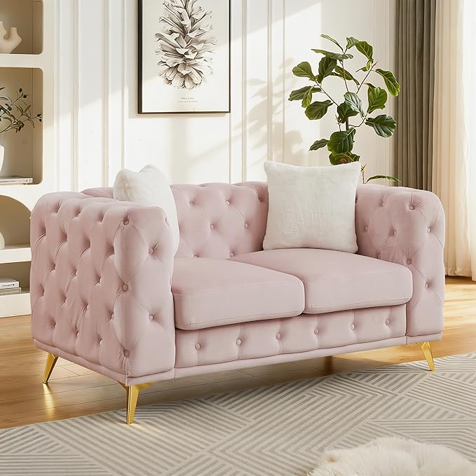 61.25 Velvet Chesterfield Sofa Mid-Century Modern Love Seat Button Tufted Couch with Curved Arms Gold Metal Legs Deep Seat Small Space Comfortable Living Room Bedroom Furniture (Pink 2 Seater)