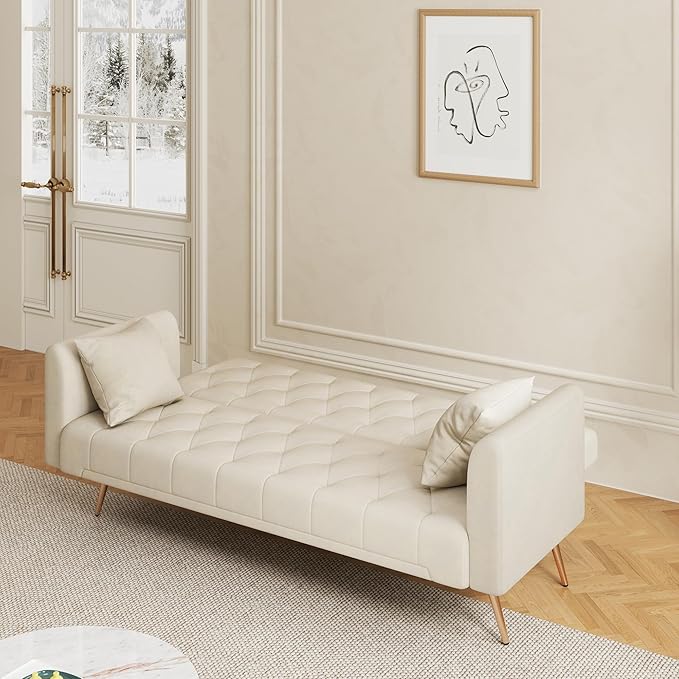 71 Futon Sofa Bed VelvetConvertible Sleeper Sofa CouchModern Folding Futonwith 3 Adjustable Backrests and 2 Pillowsfor Small Living Room Bedroom Office (Beige)