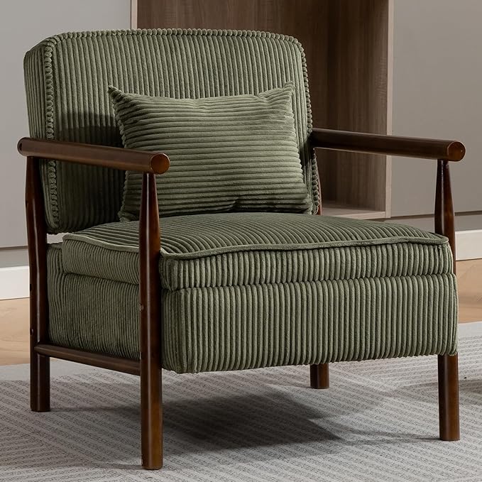 Green Accent Chair with Storage 24 W Mid Century Modern Chair with Cushion Upholstered Corduroy Reading Chair with Wooden Legs Comfy Arm Chairs for Living Room Bedroom (Green)