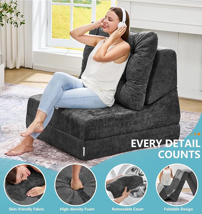 Hobestluk Sofa Couch Folding Sofa Bed Comfy Floor Lounger Convertible Sofa with Removable Cushion Couches for Small Spaces Foldable Mattress for Living Room Bedroom or Office (Chenille Grey Large)