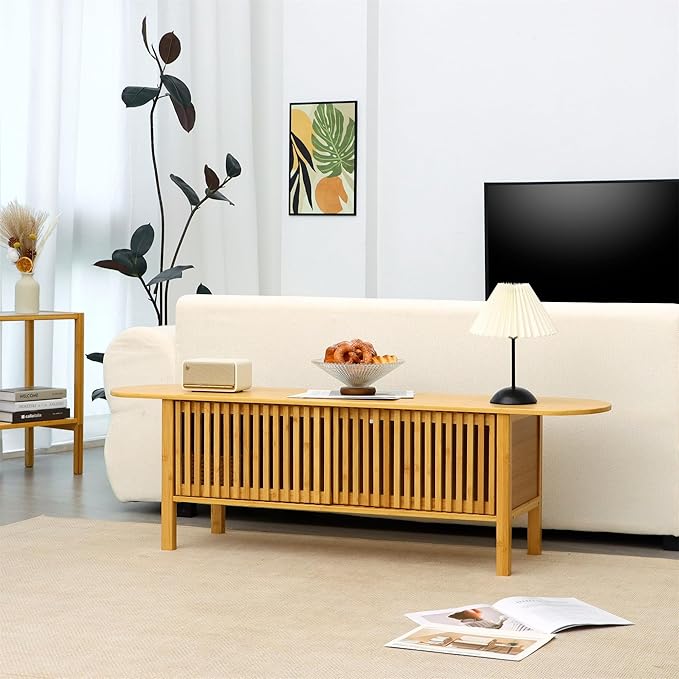Bamboo TV Stand for TVs up to 65 Accent Entertainment Center with Storage Media Console Table with Fence Door Modern TV Stand for Living Room Bedroom 55(L) Burlywood