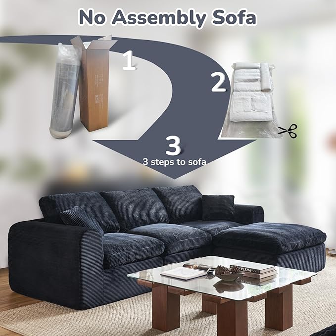 108 Cloud Sectional Couches for Living Room Convertible L-Shape Boneless Couch with Ottoman 3 Seater Modular Cloud Sofa with Deep Seat (Black 3 Seater + 1 Ottoman)
