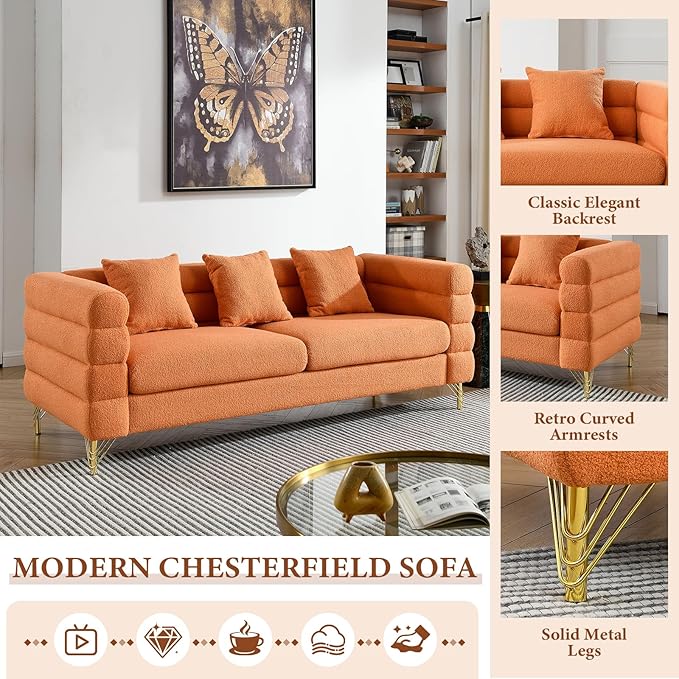 Loveseat Modern Sofa 81+60 Teddy Boucle Comfy Cloud Couch Upholstered Deep 5 Seater Sherpa Couch Set with Stylish Metal Legs for Living Room Home Office Bedroom Apartment Orange