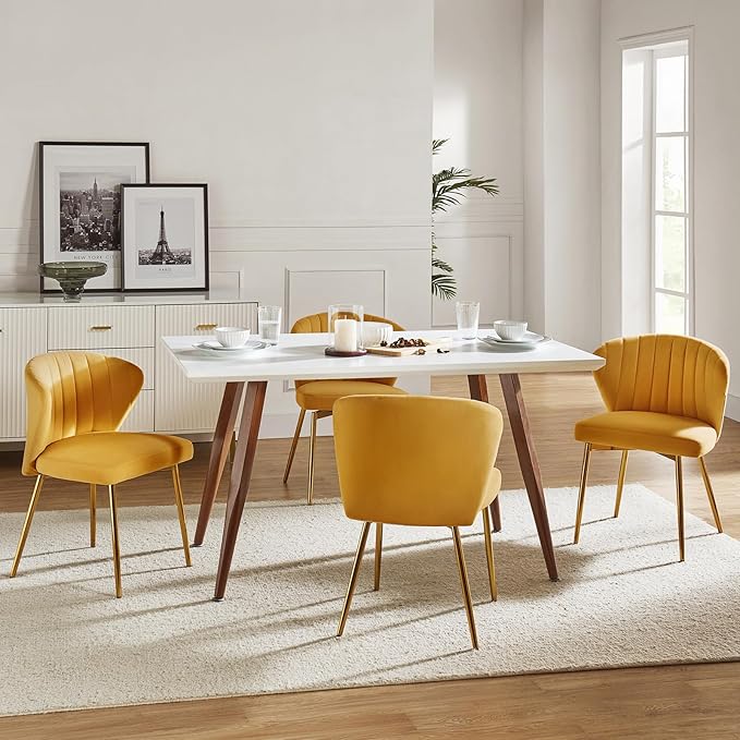 HULALA HOME Velvet Dining Chairs Modern Small Armless Accent Chair with Gold Metal Legs Living Room Upholstered Cute Side Chair Elegant Tufted Back Vanity Chair for Bedroom/Beauty Room-Mustard