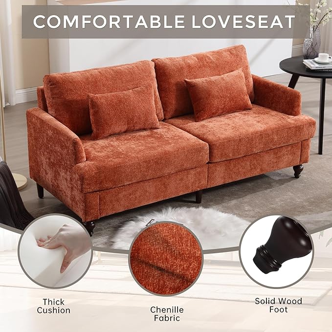 2 Pieces Sofa Couch Set for Living Room 68'' Mid Century Modern Loveseat and Accent Chair Set Chenille Sofa Comfy Cloud Couch with Deep Seats for Small Spaces Apartment Bedroom Orange
