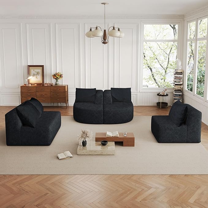 144 Oversized Sectional Sofa with Chaise Lounge Boneless Couches for Living Room Modern Luxury Chenille 5-Seater Sofa Deep Seat U-Shape Curved Cloud Couch No Assembly Required (Black)