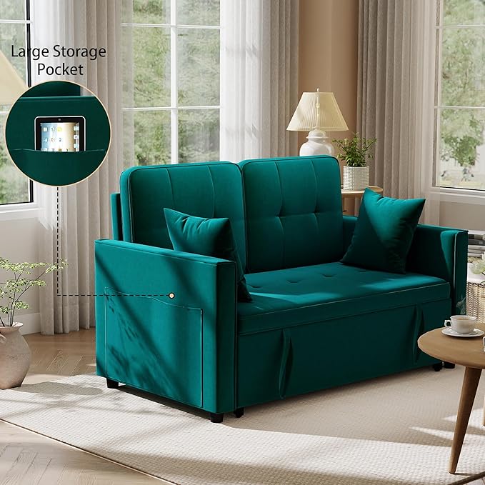 Pull Out Sofa Bed: 56 Green 3 in 1 Convertible Sleeper Sofa Bed Velvet Loveseat Sleeper Couch with Storage Comfy Futon Couch Beds for Living Room | Velvet