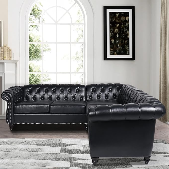ORRD L Shaped Small Sectional Sofa Chesterfield Leather Couch Tufted Accent Sofa with Scroll Arms and Nailhead for Living Room Office