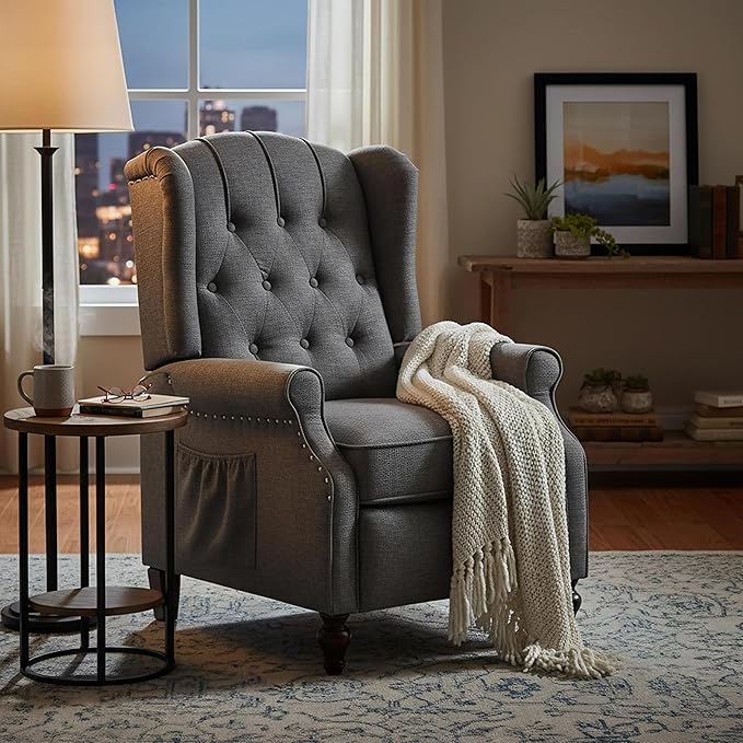 MANBUR Wingback Pushback Recliner Chair Upholstered Tufted Recliner with Massage and Heat Tufted Armchair Single Sofa Reclining Sofa for Living Room Bedroom or Club (Gray)