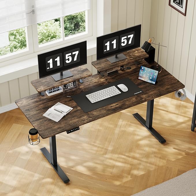 63 x 24 Inches Electric Standing Desk with 2 Monitor Shelves Adjustable Computer Desk from 28-46'' Sit to Stand UpHome Office Desk with Memory Controlller for Workstations Rustic Brown