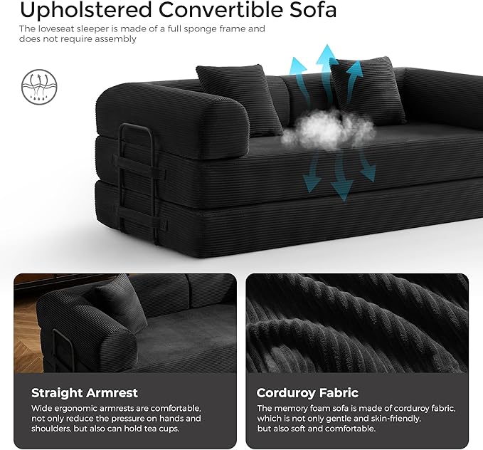 79 Convertible Sofa Bed with Fixed-Shape Frame &amp Removable Armrests Modular Corduroy Sleeper Sofa Folding Mattress Couch for Small Spaces - No Assembly Needed in Black (Includes 2 Pillows)