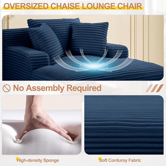 67 Oversized Chaise Lounge Chair Indoor Corduroy Boneless Chaise Lounge Sofa Chair with Pillows &amp Wide Armrest Deep Seat Fluffy Reading Chairs Small Cloud Couches for Living Room Blue