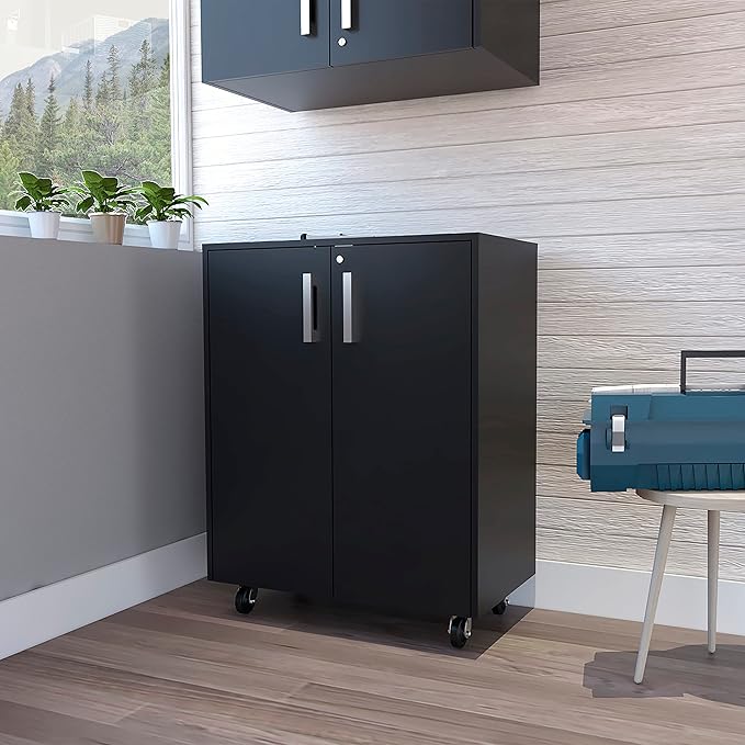 Black Mobile Filing Cabinet with Shelf &amp Drawer Double Door 4 Black Wheels Rectangular Portable Filing Cabinet Traditional for Office Study Room