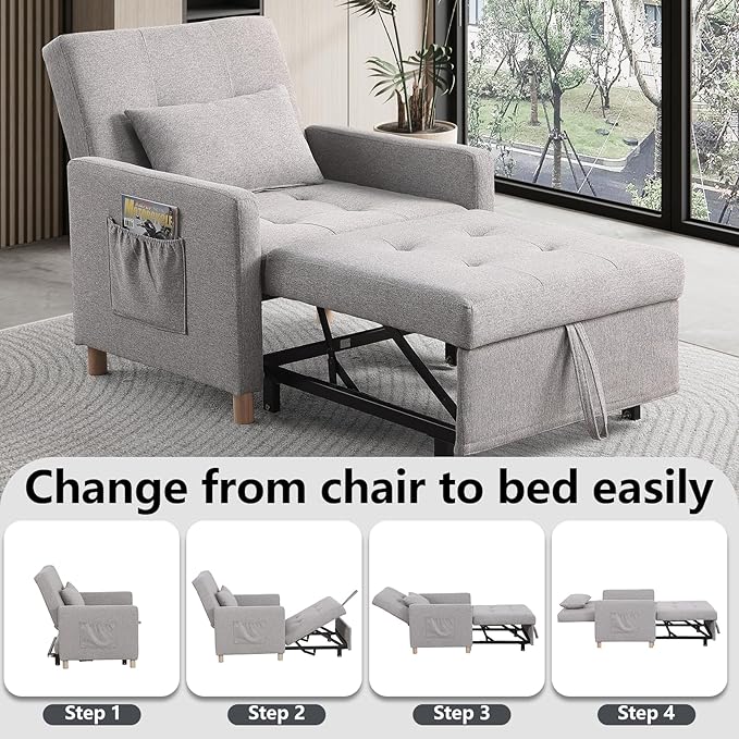 Sleeper Chair Convertible to Bed with Adjustable Backrest Pull Out Sofa Linen Fabric Side Pocket for Bedroom Living Room Apartment