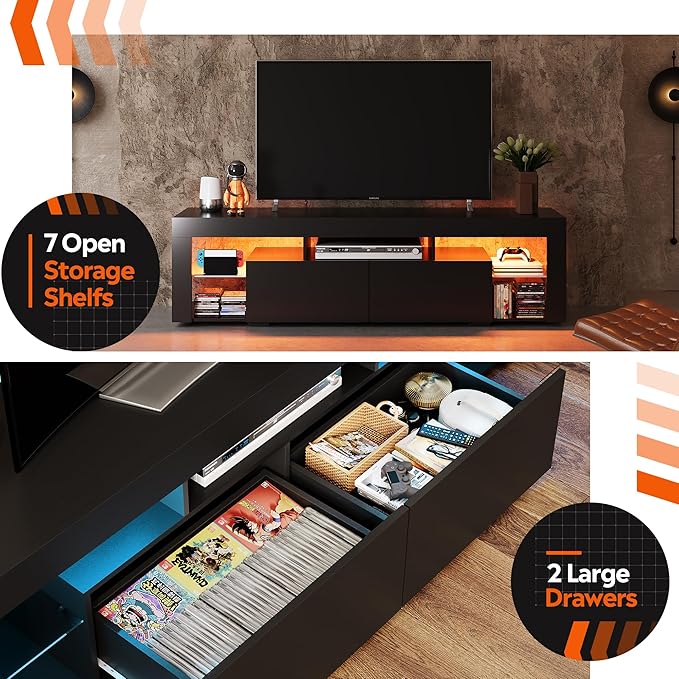 WLIVE 63 inch TV Stand for 50 55 60 65 70 75 Inch TVs Modern Entertainment Center with LED Lights &amp 2 Large Storage Drawers TV Console Gaming Media Television Stands for Living Room Bedroom(Bla