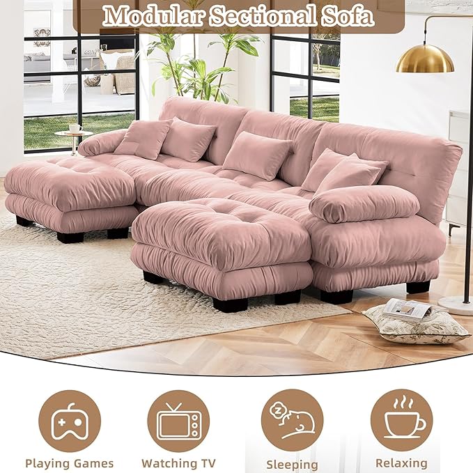 Luxury Modular Sectional Sofa 133.8 Oversized U Shaped Sofa with 5 Pillows Deep Seat Soft Cloud CouchChenille Comfy Couches for Living Room (Pink 3 Seat + 2 Ottoman)