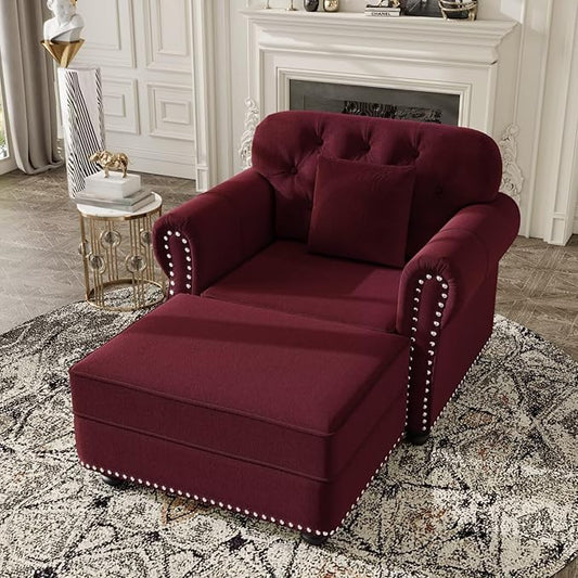 41.3 Burgundy Upholstered Velvet Sofa with Ottoman &amp Pillow Mid-Century Button Tufted Chesterfield Couch Nailhead Trim &amp Rolled Arms Bedroom or Living Room Accent Seating
