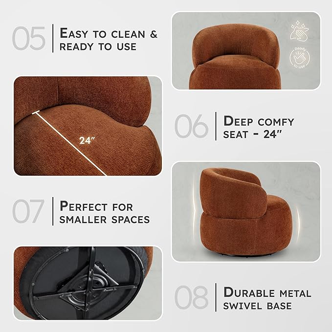 Lexicon Modern Barrel Swivel Accent Chair - Upholstered Soft Chenille Fabric with Metal Base 360 Degree Round Swivel Accent Chair for Living Room Bedroom Office No Assembly Required Rusty Orange