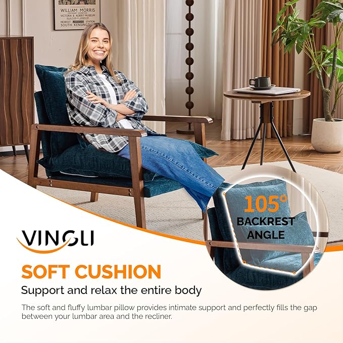 VINGLI Mid-Century Modern Cloud Accent Armchair with Lumbar Pillow 6.3'' Thick Seat Cushion Comfortable Reading Chair with Wooden ArmrestsBoho Lounge Chair for Bedroom Living Room Chenille Teal