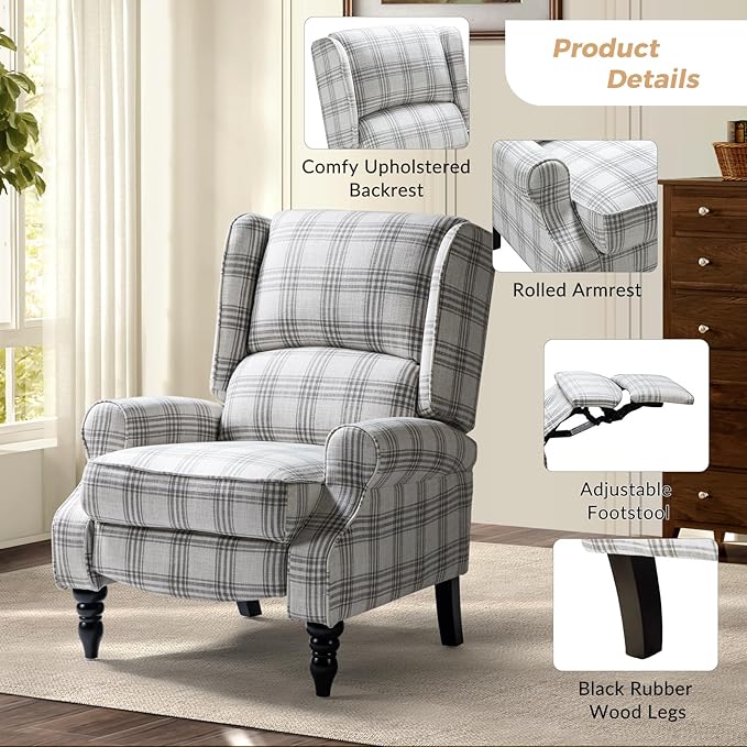 HULALA HOME Upholstered Wingback Recliner Chair Small Adjustable Footrest Push Back Single Reclining Sofa Mid Century Modern Lounge Armchair for Living Room Bedroom Reading/Plaid Grey