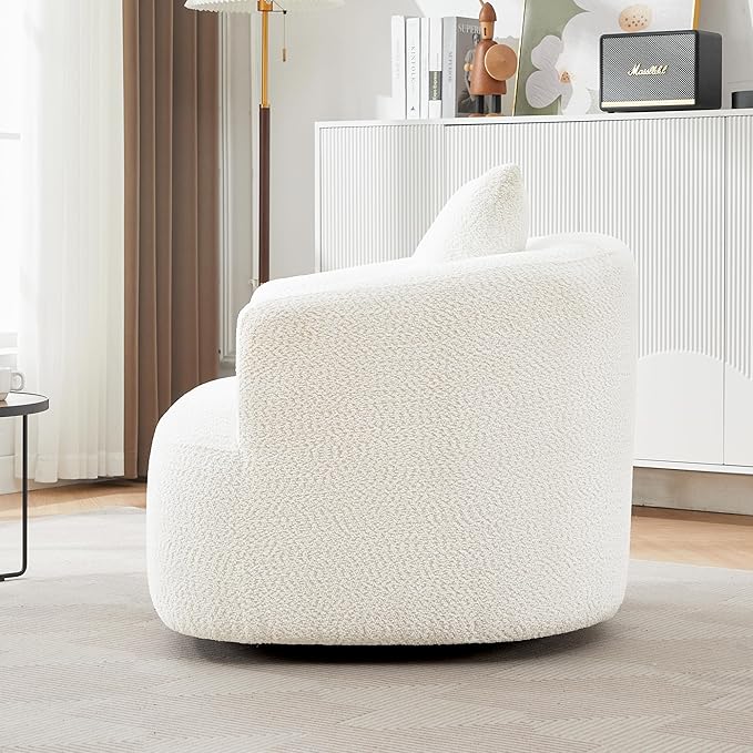360° Swivel Chair 38.2 Accent Chair Sofa Boucle Fabric Upholstered Swivel Barrel Sofa Chair with a Throw Pillow for Living Room Bedroom Office Hotel (Beige-4.29)