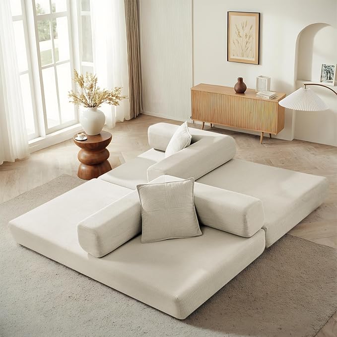 Folding Sofa Bed Convertible Corduroy Fabric Comfy Loveseat Sleeper Bed Modular Foam Compression Sofa Couch Floor Lazy Chaise Lounge for Guest Room Living Room Studio (Beige)