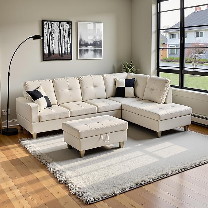 L Shaped Couch Faux Leather Sectional Couch Upholstered 3 Pieces Sofas for Living Room with Chaise Ottoman with Storage for Office and Small Apartment White