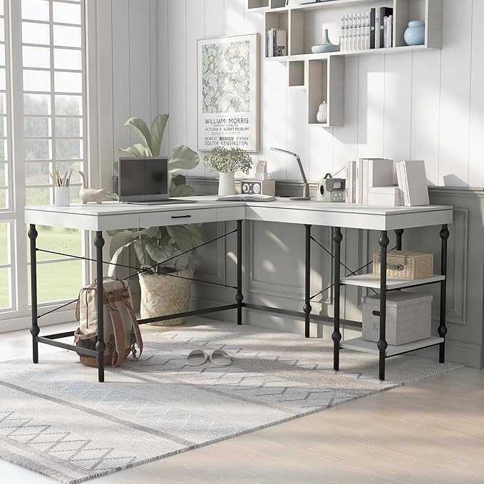 24/7 Shop at Home Monier Farmhouse Metal 2 Shelves Corner Computer Desk with USB Port Power Outlet 1 Drawer for Workstation Home Office Study Room Antique White