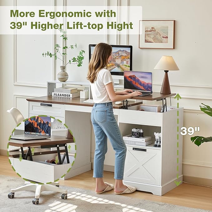 Executive Desk with File Storage Drawer 63 Lift Top Farmhouse Home Office Gaming Desk with Charging Station 3 Drawers Sensor Lights Wood Computer Table with Monitor Stand Antique White