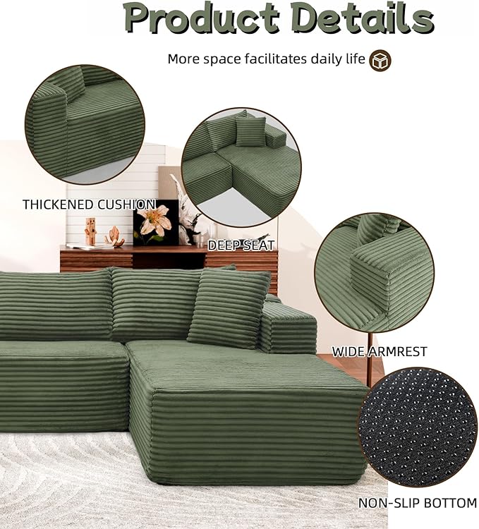 Cloud Sectional Couch 105” Fluffy Modular L-Shape Sofa with Left Chaise Lounge Modular Sectional Sofa in a Box Boneless Couch for Living Room No Assembly Required Flannel Green