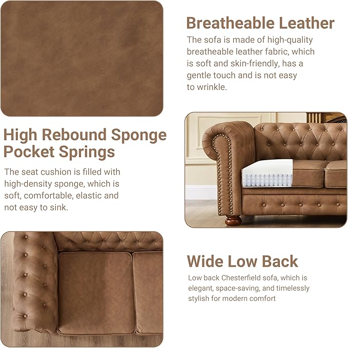 Chesterfield Leather Sofa 89 Mid Century Modern Couch with Low Back Roll Arm Nailhead Trim Classic 3 Seater Couch for Living Room Office Apartment Faux Leather Brown