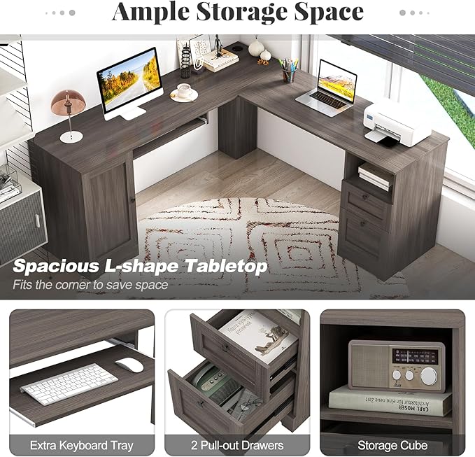Giantex 66 L-Shaped Desk with Storage Drawers &amp Charging Station Spacious Corner Computer Desk with Keyboard Tray Adjustable Shelf Cabinet Huge Workspace Home Office Study Writing Desk (Grey