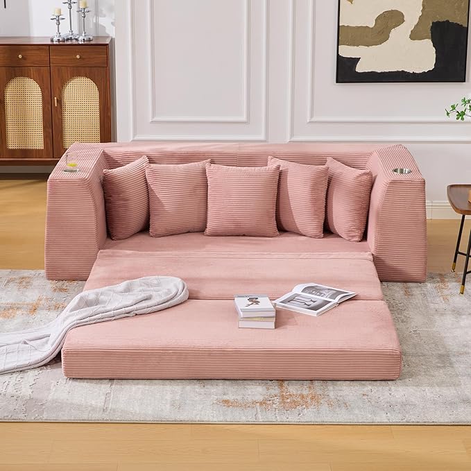 KEIKI 82 Corduroy Modular Sectional Sofa Bed with 5 Pillows &amp 2 Side Pocket &amp 2 Cup Holders Convertible 3-Seater Sleeper Couch with Memory Foam Cushion No Assembly Required for Living Room