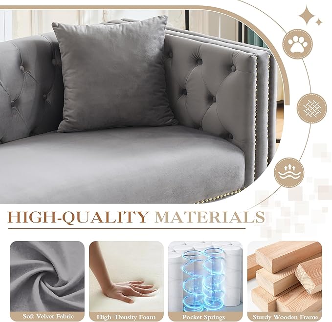 2 Piece Chesterfield Sofa Comfy Velvet Button Tufted Mid Century Modern Couch Set White Cloud Futon Loveseat Gold Legs &amp Nailhead Deep Seat Sofas for Living Room Office (Grey 3 Seater Set of 2