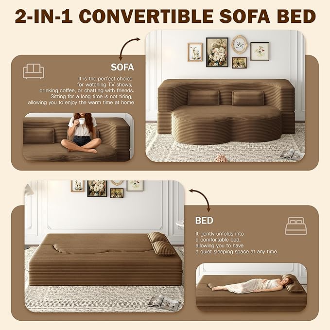2 in 1 Convertible Compressed Sofa Bed 54'' Modern Boneless Loveseat Sleeper in a Box Floor Mattress Futon Couch No Assembly Needed Space Saving Camel Full 2 Pillows for Small Living Room