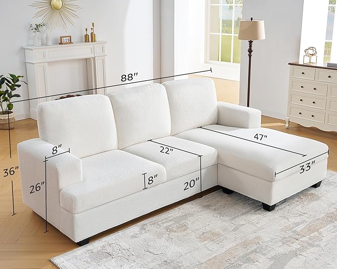VanAcc 88 Inch Reversible L Shape Sofa Convertible Sofa with Storage L Shape Couch with Chaise Comfy Couches for Living Room White Bouclé