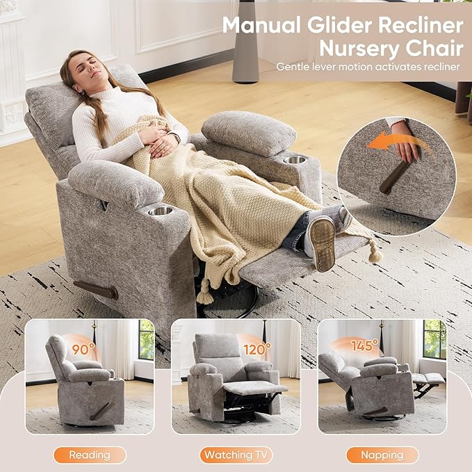 Swivel Rocker Recliner with Adjustable Armrests Rocking Nursery Chair with Adjustable Headrest Cup Holder Manual Recliner Nursing Chair for Breastfeeding Chenille Light Grey