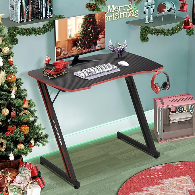HKLGorg Gaming Desk Computer Desk Z Shaped Gaming Table Writing Modern Ergonomic Racing Style Home Office Table Workstation Carbon Fiber Headphone Hook for Men Boyfriend Female Gift (Red 35)