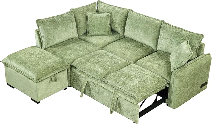 LUMISOL 82.7 Convertible Sleeper Sofa Bed with Storage Ottoman L-Shaped Sectional Sofa with Pull Out Bed USB Ports Chenille Sleeper Sofa Couch with Chaise for Living Room Green