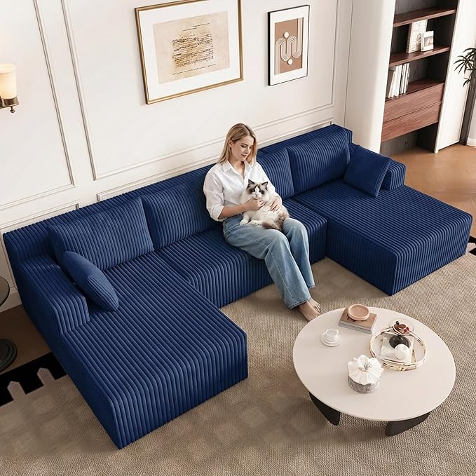 124 U Shaped Cloud Couch Sectional Corduroy Upholstered 4-Seater Cloud Couches for Living Room Deep Seat Modular Boneless Sofa with Lounge Chaise No Assembly Required Blue