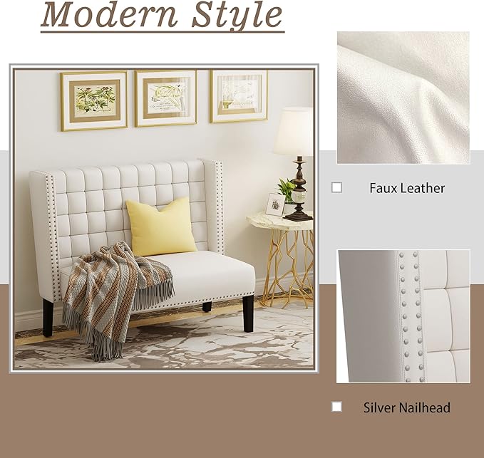 Andeworld Modern Loveseat Settee Bench Sofa Couch Upholstered Banquette Dining Bench with Back for Dining Living Room Hallway or Entryway SeatingWhite