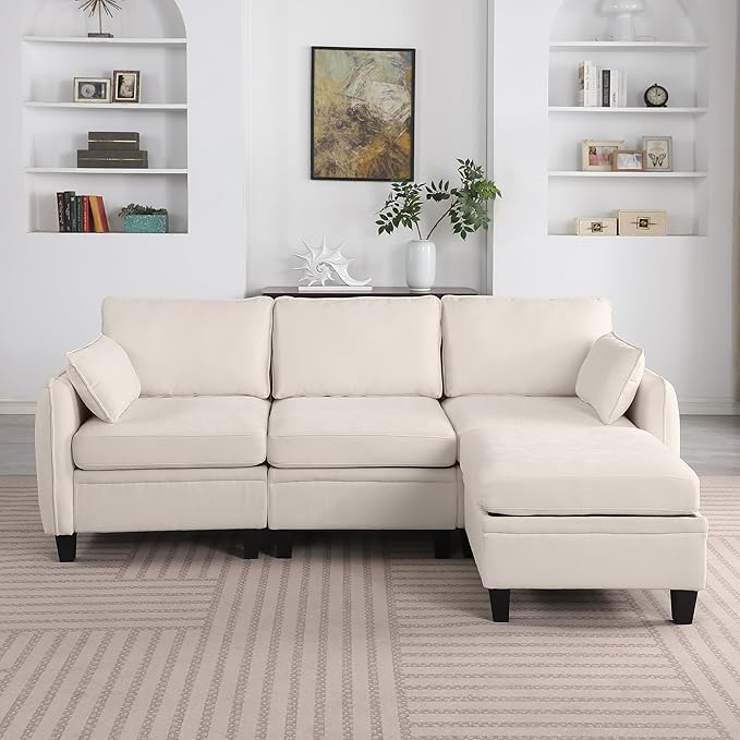 Sectional Sofa for Living Room L Shaped Chenille Fabric Couch with Storage Chaise Solid Eucalyptus Wood Frame Comfortable Cushions Modern Sectional Couch