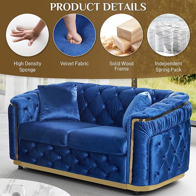 Velvet Couch Blue and Gold Sofa Luxury Loveseat 62.5 Mid Century Modern Chesterfield Sofa Couch for Living Room Tufted Sofas with 2 Pillows &amp Classic Golden Decor Blue