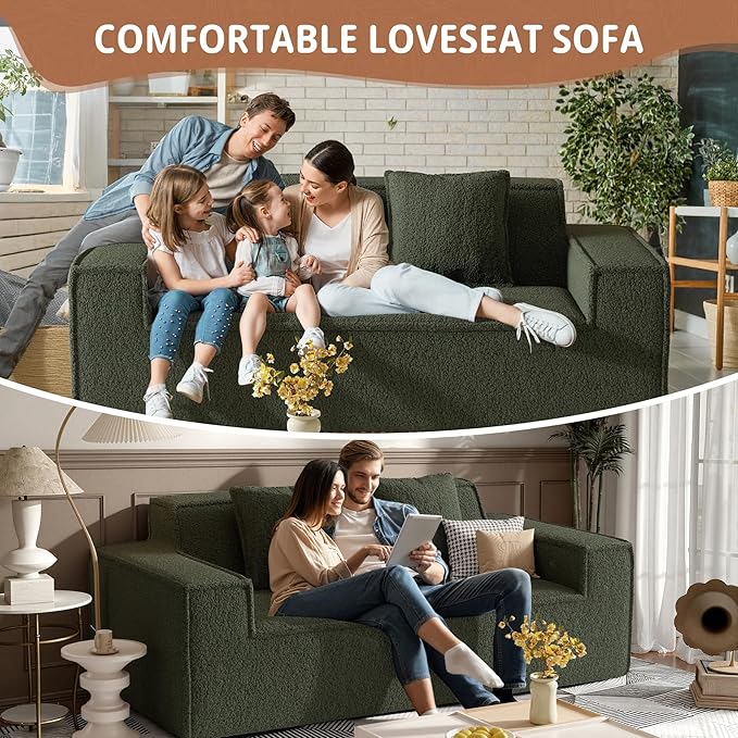 75'' Cloud Loveseat Sofa No Assembly Required Comfy Deep Seat Couches 1 pcs for Living Room Bedroom Apartment(Teddy Fabric-Green)