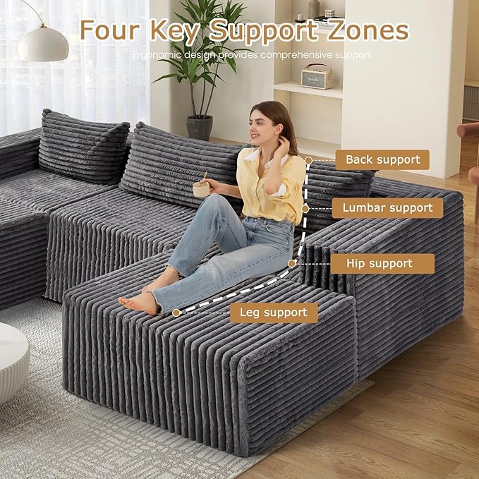 104 Grey Boneless Couches for Living Room Modular Sectional Sofa with Deep Seat Comfy Plush Cloud Couch with U-Shaped Chaise Corduroy Compressed Foam Sofa for Bedroom Living Room