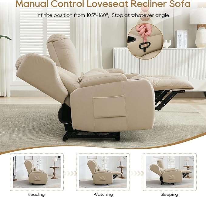DRMBOOK RV Loveseat Recliner Sofa Double Wall Hugger Reclining Couches Manual Reclinable Movie Seating 2 Person Recliner for Travel Trailer (Leathaire Beige 2 Seater with Standard Console)