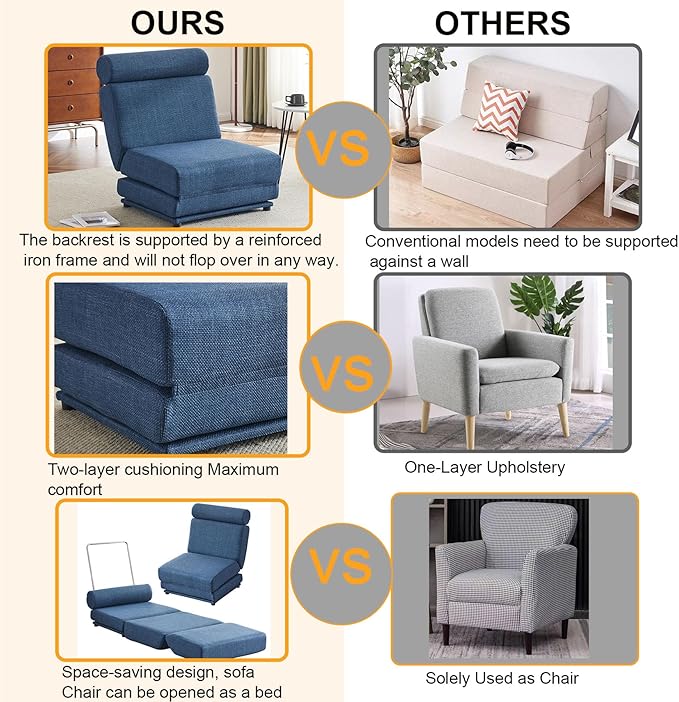Convertible Chair Bed Sleeper&amp Floor Futon Sofa Bed Chair Fold Out Sleeper Chair Bed with Pillow Single Sofa Chair for Bedroom Living Room Small Space (Blue)
