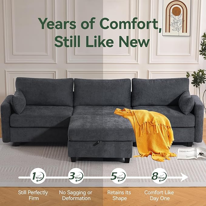 109'' Modular Sectional Sofa L Shaped Couch with Storage Ottoman Comfy Cloud Sofa with Deep Seat 4 Seat Convertible Sectional Couches for Living Room (Gray High Legs 3.15'')