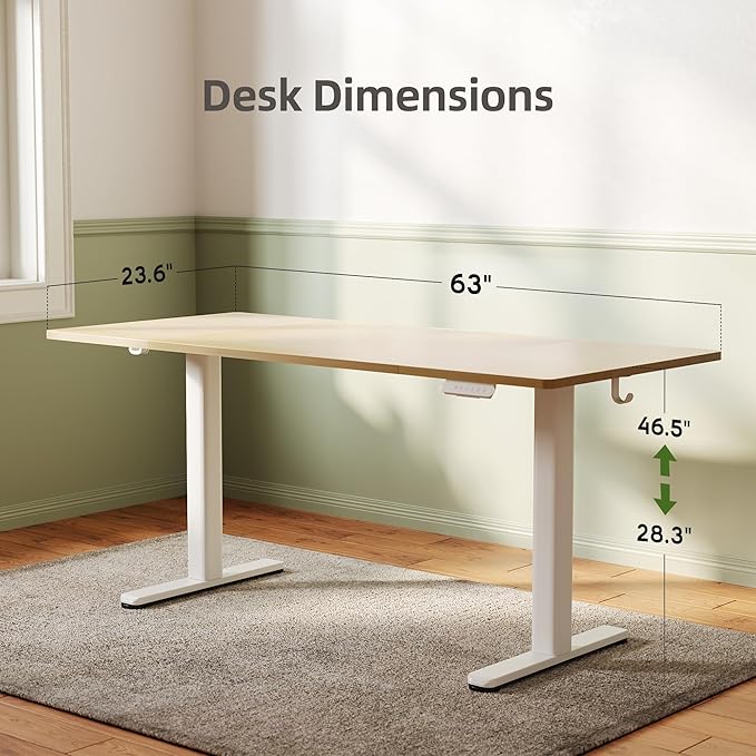 INNOVAR Electric Standing Desk Adjustable Height Stand up Desks 63 x 24 Inches Sit Stand up Desk for Home Office Computing 3-Preset Memory Height Ergonomic Rising Desks Nature