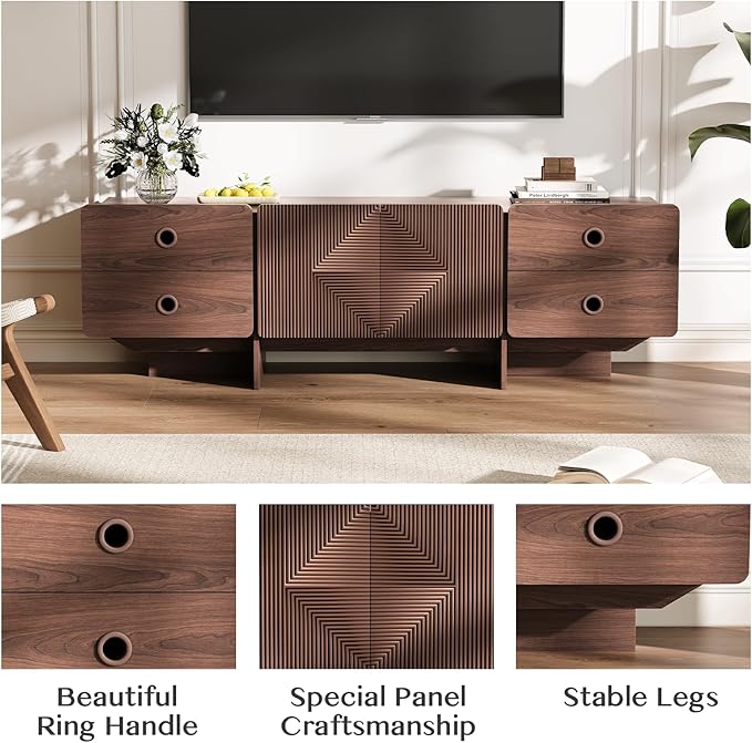 66 Fluted TV Stands for Living Room Mid Century Modern TV Consoles for 75 inch TV Entertainment Center with Storage Media Console with Adjustment Shelf(Walnut)